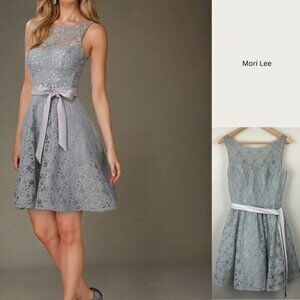 Mori Lee Lace Dress Silver/Gray Ribbon Bow Button-back Sleeveless Party 12
